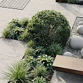 Garden Landscape Design With Stone Paving Round Stone Balls Bushes Benches And Green Plants