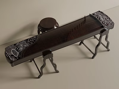 Traditional Chinese Guzheng with Intricate Black White Patterns and Carved Wooden Stool 3d model