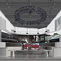 Luxury Car Showroom Displaying Red Sports Car On Platform With Large Screens And Modern Lighting