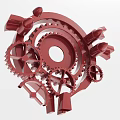 Industrial Equipment With Red Meshing Gears Of Multiple Sizes And Mechanical Components