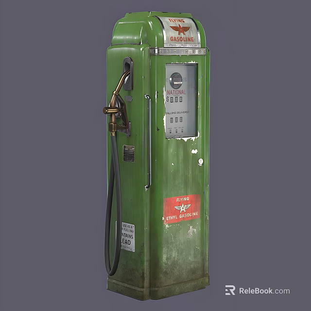 Green Old Fashioned Industrial Fuel Dispenser With Fuel Nozzle Dial And Red Label 3d model 
