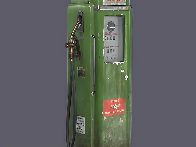 Green Old Fashioned Industrial Fuel Dispenser With Fuel Nozzle Dial And Red Label 3d model