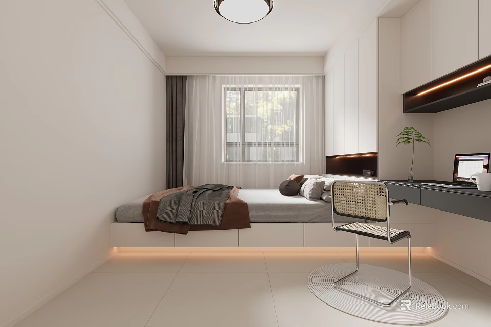 Modern Tatami Bedroom Interior Design With Platform Bed Storage Cabinets And Ambient Lighting 3d model 