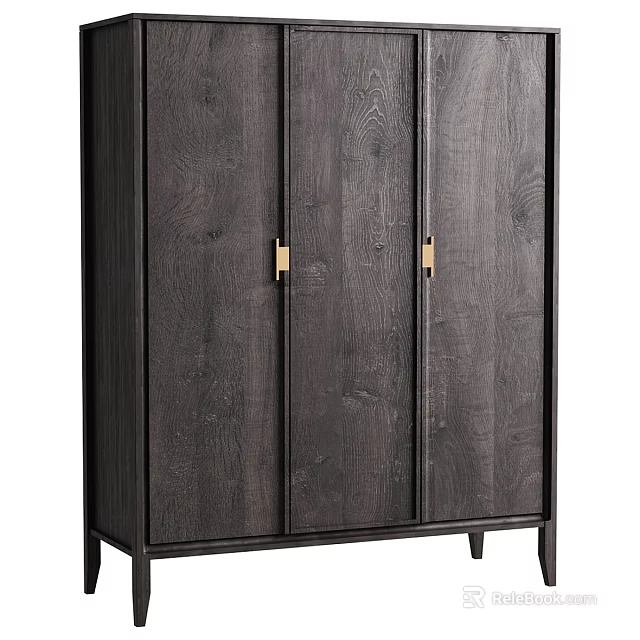 Dark Wood TV Cabinet With Three Doors And Gold Handles On Slender Black Legs 3d model 