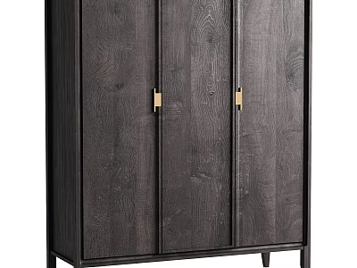 Dark Wood TV Cabinet With Three Doors And Gold Handles On Slender Black Legs 3d model