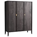Dark Wood TV Cabinet With Three Doors And Gold Handles On Slender Black Legs