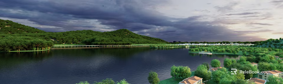 Scenic Landscape Featuring Green Hills Long White Bridge Calm Lake Trees And Dark Clouds Sky 3d model 