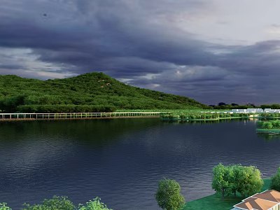 Scenic Landscape Featuring Green Hills Long White Bridge Calm Lake Trees And Dark Clouds Sky 3d model