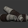 Three Industrial Cylindrical Components with Ribbed Metal Surface Red Top Indicators and Stacked Design