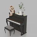 Musical Instruments And Art Supplies On Black Piano With Stool Doll Frame And Green Plant