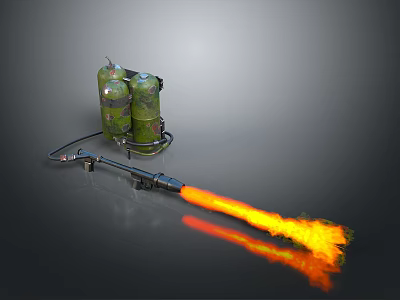 Portable Military Flamethrower Weapon With Green Fuel Tanks Emitting Flaming Orange Jet 3d model