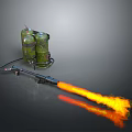 Portable Military Flamethrower Weapon With Green Fuel Tanks Emitting Flaming Orange Jet