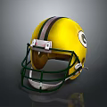 Yellow Football Helmet With Green Stripes Logo And Green Facemask Protective Gear