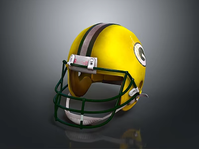 Yellow Football Helmet With Green Stripes Logo And Green Facemask Protective Gear 3d model