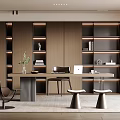 Modern Study Room Interior Design With Wooden Bookshelves Desk Chair Stools And Potted Plant