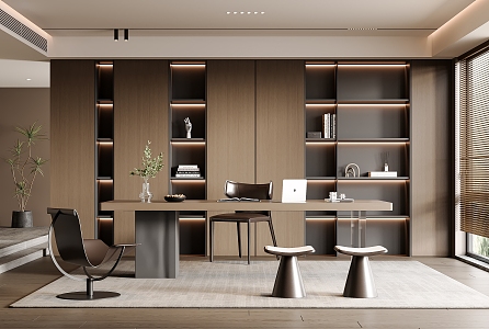 Minimalist Study Desk Bookcase Wardrobe Ornaments Vase Book Single Chair 3d model