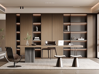 Minimalist Study Desk Bookcase Wardrobe Ornaments Vase Book Single Chair 3d model