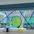 Modern Photo Check in Spot With White Partition Geometric Patterns Neon Logo And Tennis Elements