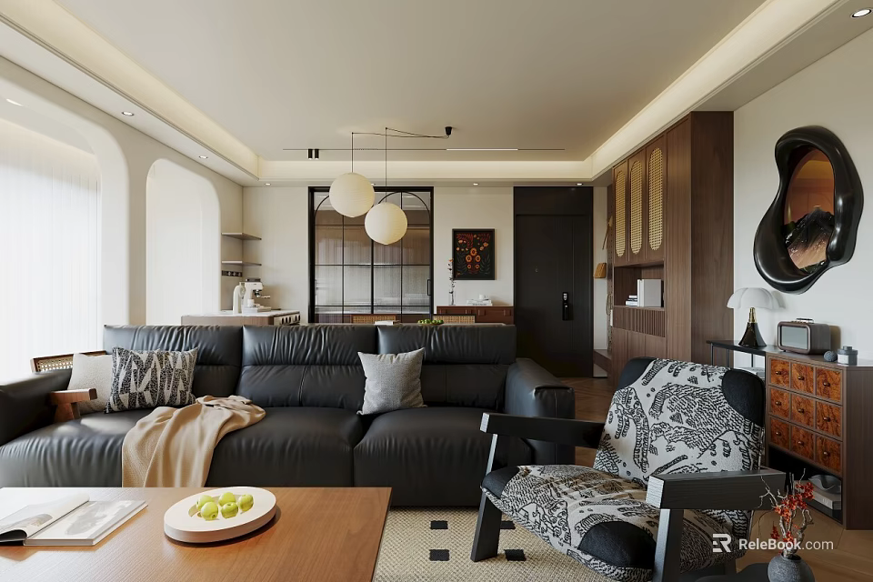 Modern Living and Dining Room With Black Sofa Gray Pillows Wooden Coffee Table Pendant Lights 3d model 