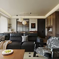 Modern Living and Dining Room With Black Sofa Gray Pillows Wooden Coffee Table Pendant Lights