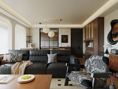 Modern Living and Dining Room With Black Sofa Gray Pillows Wooden Coffee Table Pendant Lights 3d model