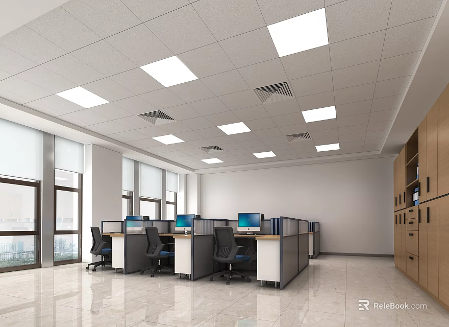 Public Office Space with Bright Ceiling Lights Large Windows Partitioned Workstations and Black Chairs 3d model