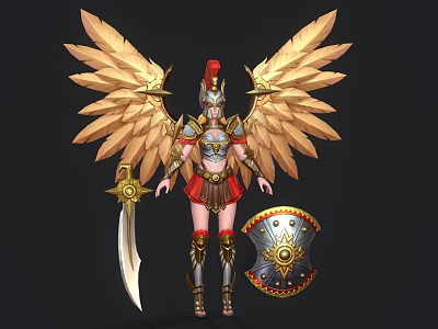 Game and Movie Female Warrior Character With Golden Wings Armor Sword and Shield 3d model