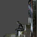 Metallic Toilet With Robot Seated On And Blue Lighting In Dark Room