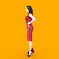 Woman In Red Floral Qipao Red High Heels Shown From Different Angles On Orange Background