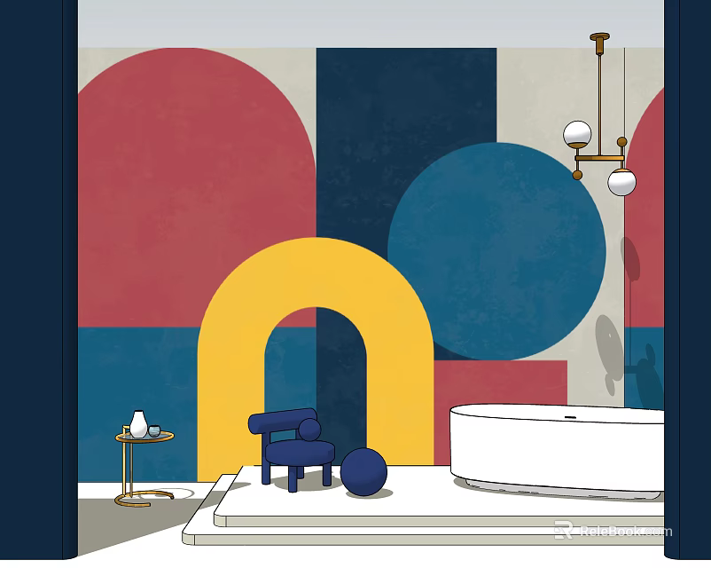 Modern Interior With Single Sofa Colorful Geometric Patterns Side Table Round Decor And Bathtub 3d model