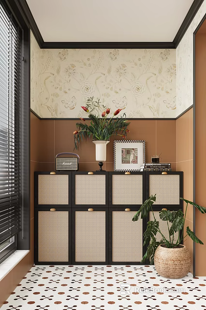 Home Balcony Featuring Brown Walls Floral Wallpaper Rattan Cabinet Vase Framed Picture And Green Plants 3d model 