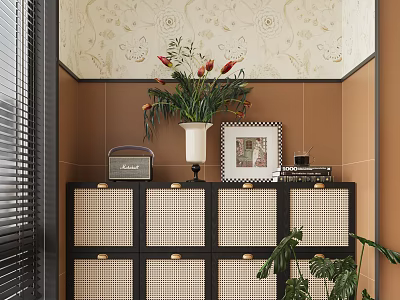 Home Balcony Featuring Brown Walls Floral Wallpaper Rattan Cabinet Vase Framed Picture And Green Plants 3d model