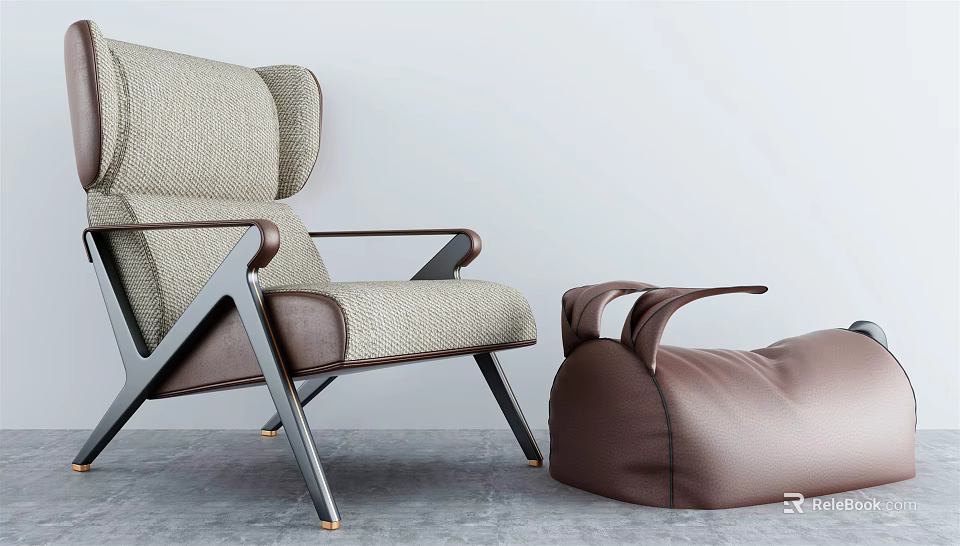Modern Style Light Gray Fabric Accent Chair With Metal Frame And Brown Leather Bean Bag 3d model 