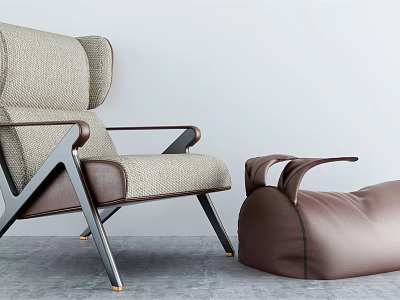 Modern Style Light Gray Fabric Accent Chair With Metal Frame And Brown Leather Bean Bag 3d model