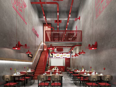 Modern Restaurant Interior With Red Decor Gray Walls Pendant Lights And Staircase 3d model