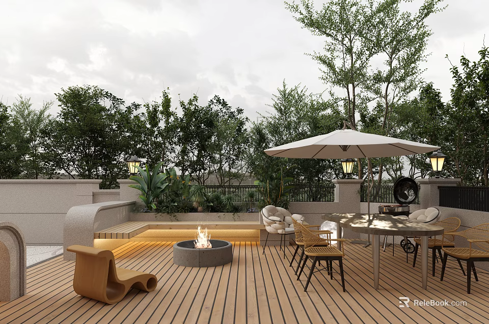 Rooftop Garden With Wooden Deck Fire Pit Outdoor Dining Table Chairs Green Plants And Trees 3d model 