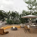 Rooftop Garden With Wooden Deck Fire Pit Outdoor Dining Table Chairs Green Plants And Trees