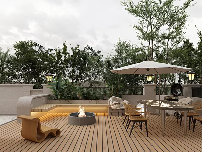 Rooftop Garden With Wooden Deck Fire Pit Outdoor Dining Table Chairs Green Plants And Trees 3d model