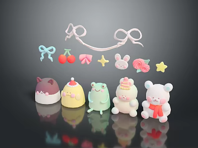 Cute Animal Shaped Desserts With Decorative Bows Cherries And Stars 3d model