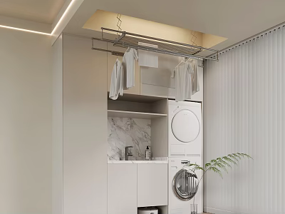 Modern Minimalist Laundry Room With Ceiling Mounted Clothes Hanger And Hanging Clothes Washing Machine Dryer 3d model