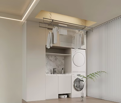 Modern Minimalist Laundry Room With Ceiling Mounted Clothes Hanger And Hanging Clothes Washing Machine Dryer 3d model