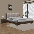 Modern Bedroom Interior With Upholstered Headboard Wooden Frame Gray Bedding White Pillows And Plant