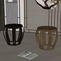 Pair of Round Solid Wood Stools With Intricate Open Frame In Modern Interior Space 3d model