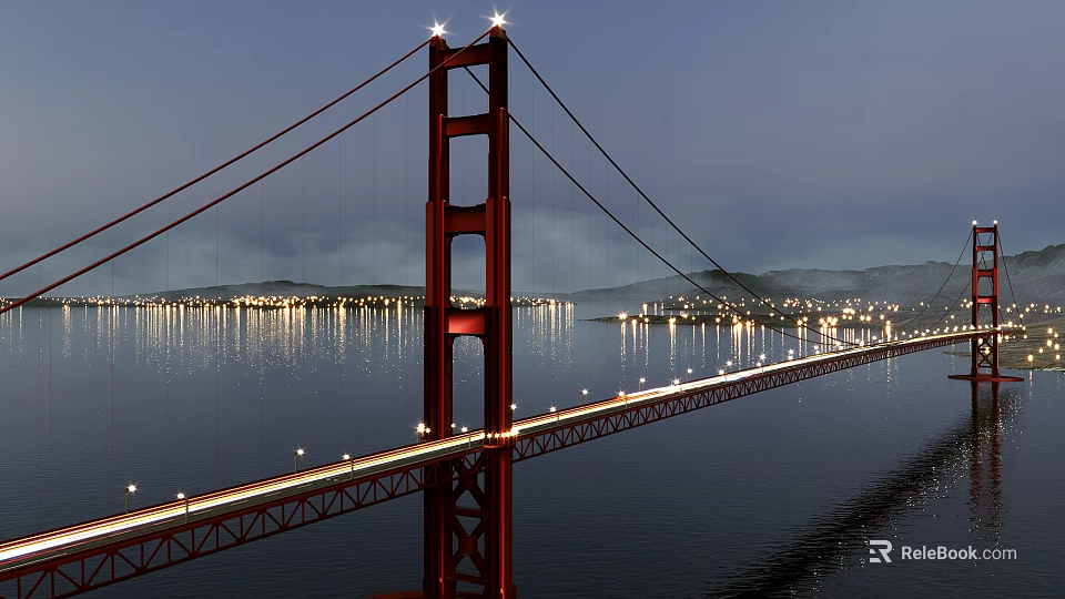 Red Suspension Bridge Illuminated Over Calm Water With City Lights At Night 3d model 