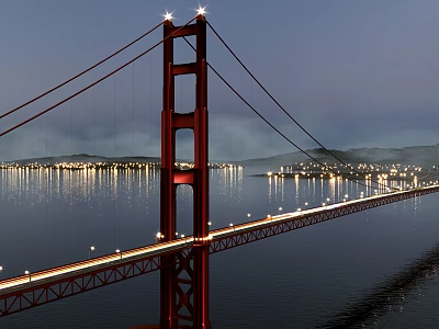 Red Suspension Bridge Illuminated Over Calm Water With City Lights At Night 3d model
