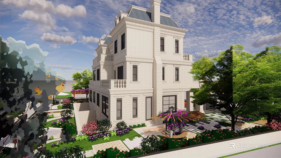 Elegant Two Story Semi Detached Villa With White Exterior And Landscaped Garden 3d model 