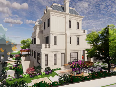 Elegant Two Story Semi Detached Villa With White Exterior And Landscaped Garden 3d model