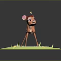 Cute Orange Fawn With White Spots Near Flying Butterfly On Green Platform With Yellow Flowers