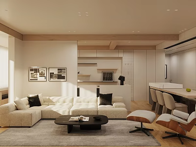Modern Living And Dining Room Interior With Beige Sofa Coffee Table And Dining Chairs 3d model