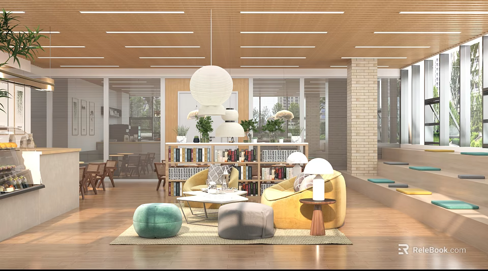 Artistic Book Art Interior With Stylish Bookshelves Cozy Seating And Plants 3d model 
